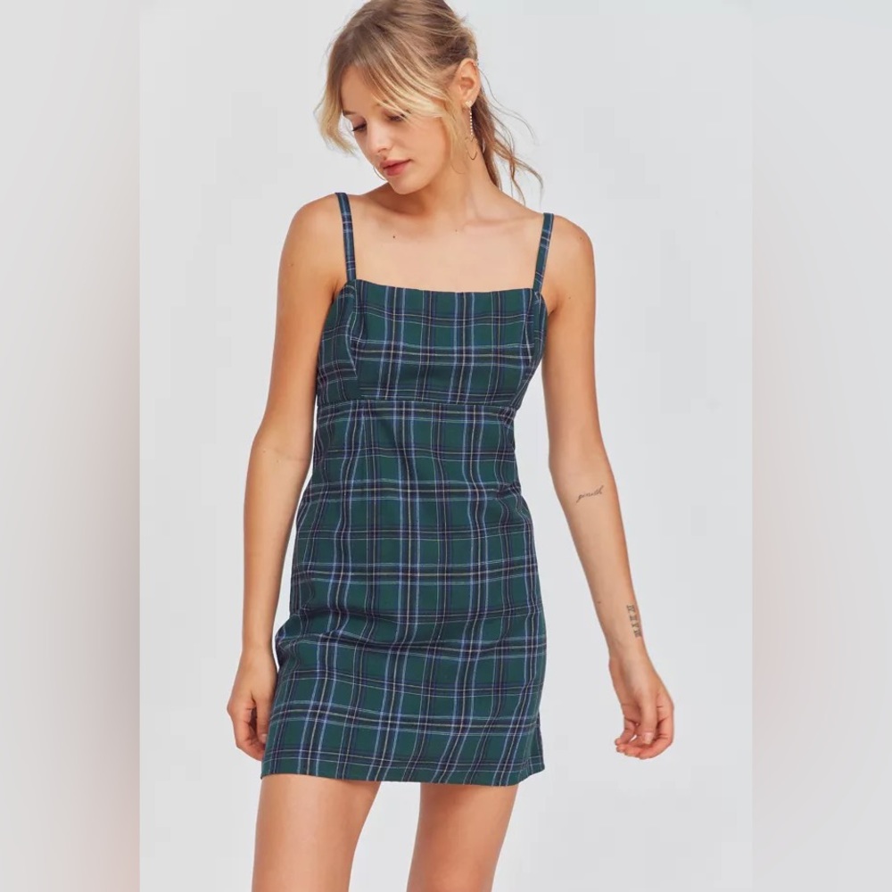 UO Plaid Straight-Neck Mini Dress
